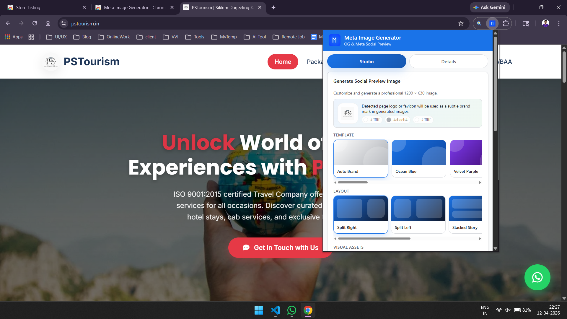 Meta Image Generator Chrome extension UI showing checker and preview image generator