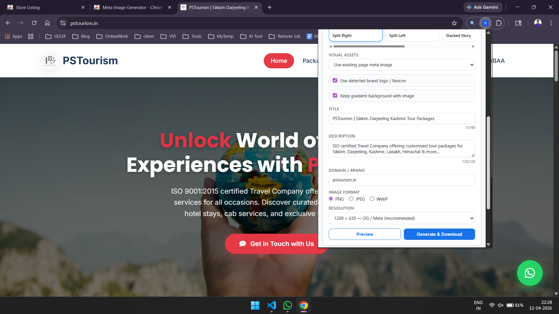 Meta Image Generator extension popup showing checker and generator layout