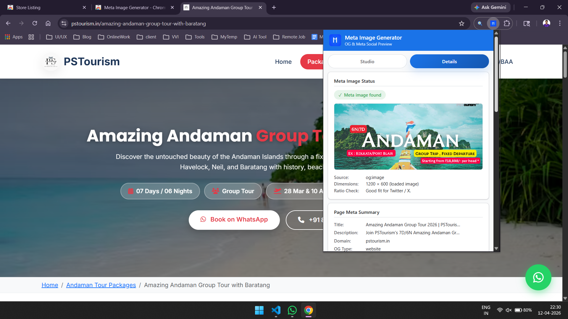 Meta Image Generator extension popup showing template controls and social image output