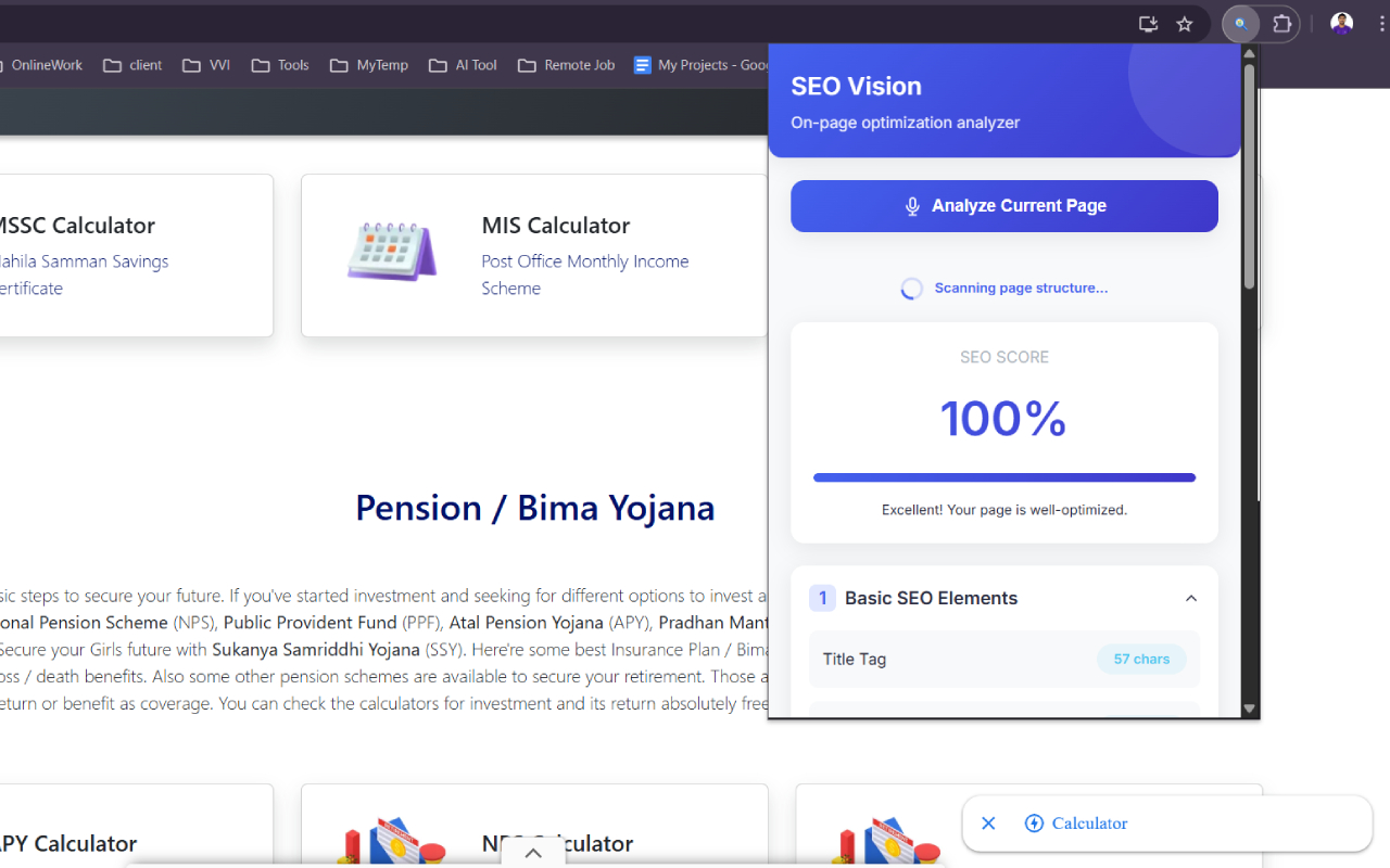 SEO Checklist Chrome extension UI showing on-page SEO audit panel